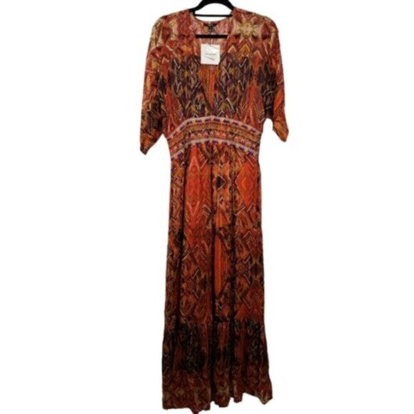 New Desigual Boho Women's Maxi Dress Gold Metallic Thread Sz 6 African Friez… - Picture 3 of 15